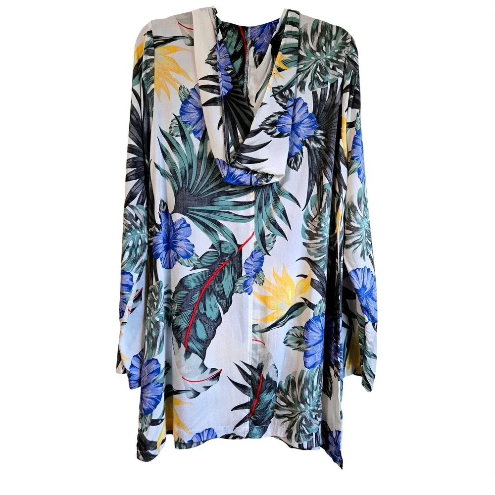 Hurley Women Tropical Floral Hooded Lace Up Beach Cover Up Dress White Blue L